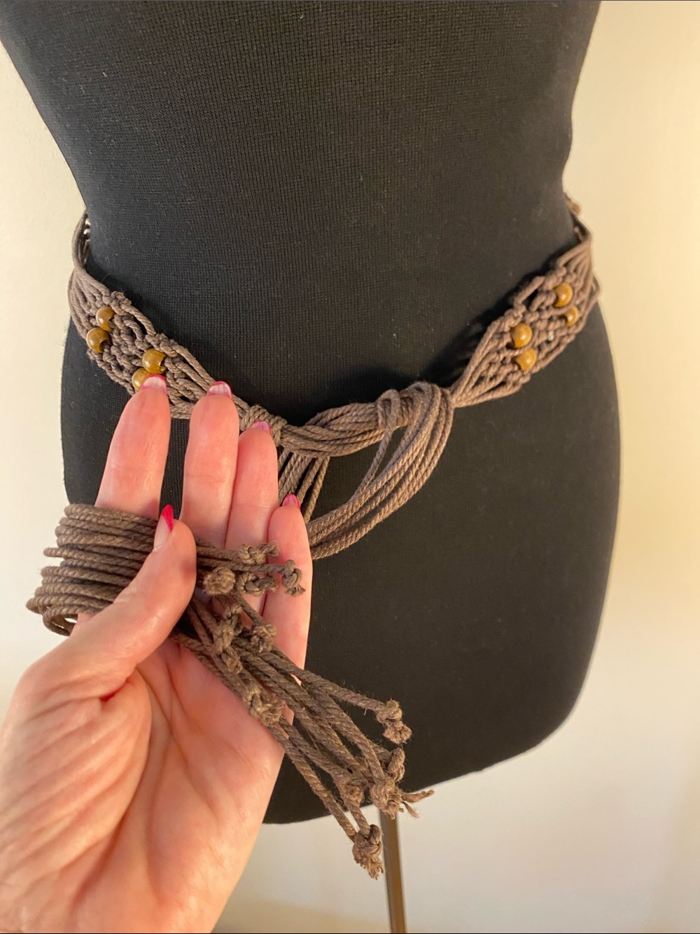 Boho Macramé Waist Belt with Wood Bead Accents - Brown - Picture 4 of 7
